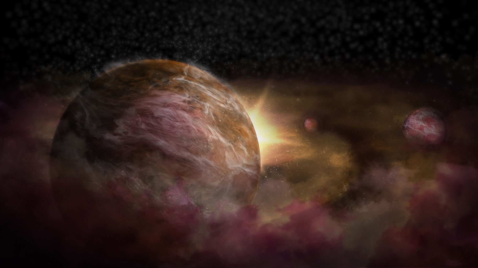Artist concept of three still-forming planets orbiting the young star HD 163296.  Credit: NRAO/AUI/NSF; S. Dagnello