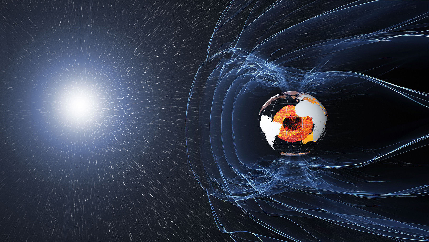 The Earth’s magnetic field acts like a shield, protecting us from subatomic particles from the Sun. Credit: ESA