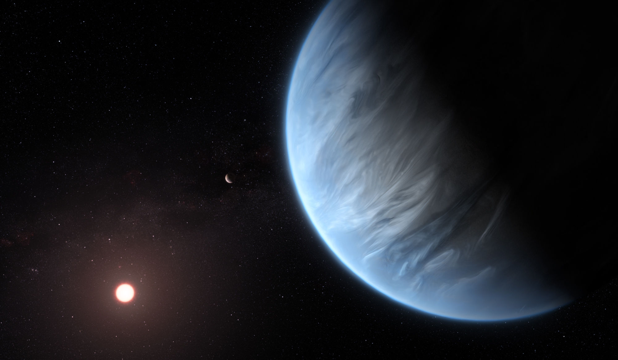 Artwork depicting the mini-Neptune exoplanet K2-18b, recently discovered to have water vapor in its atmosphere. Credit: ESA/Hubble, M. Kornmesser