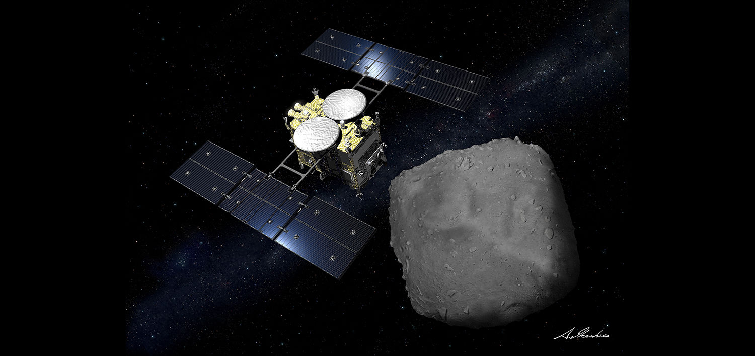 Artwork showing Hayabusa2 arriving at the tiny asteroid Ryugu. Credit: Akihiro Ikeshita