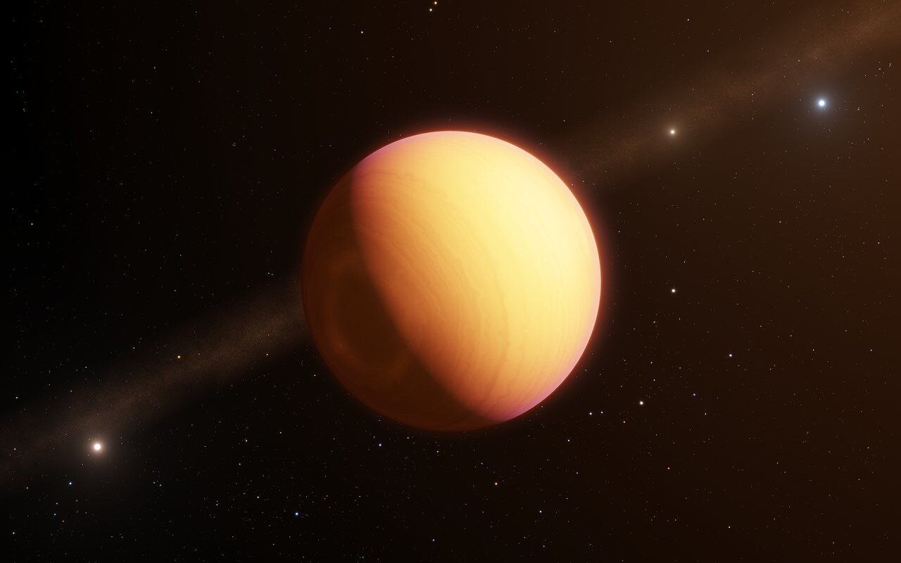 Artwork depicting the very young exoplanet HR 8799e, glowing due to leftover heat from its formation. Credit: ESO/L. Calçada