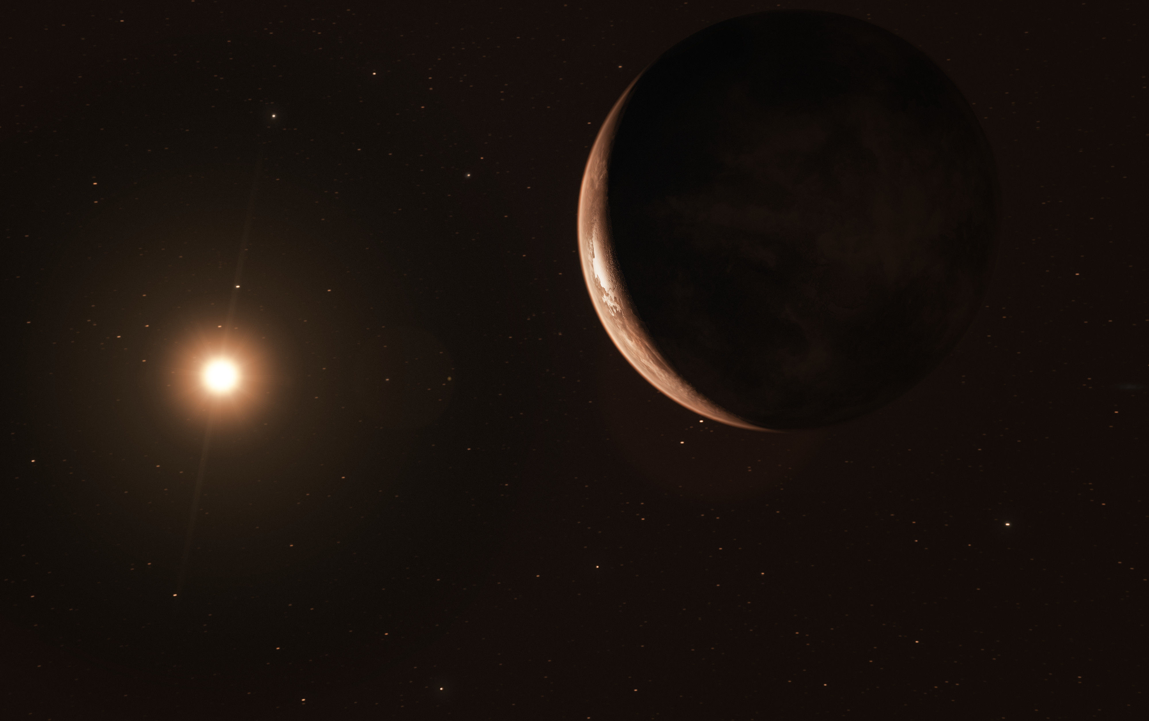 Artwork of a super-Earth, Barnard’s Star b, orbiting its red dwarf host star. Credit: ESO/M. Kornmesser