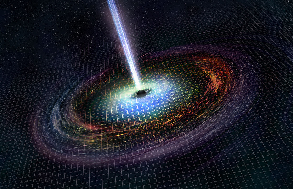Artwork showing a newly-formed black hole with material swirling around it, and jets of energy and matter blasting away from its poles. Credit: NASA/CXC/M.Weiss