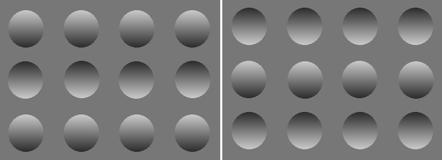 (Left): The illustration shows a row of bumps at the top, a row of dimples in the middle, then bumps again along the bottom. (Right): Now you see dimples along the top, bumps in the middle, and dimples along the bottom. This is the same drawing as the lef