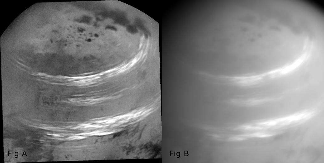 Titan was visited by Cassini over 100 times. In this rather distant pass in 2017 it spotted bright feathery methane ice clouds over the surface (mildly enhanced on right and more strongly on the left). Some surface features are visible as well.