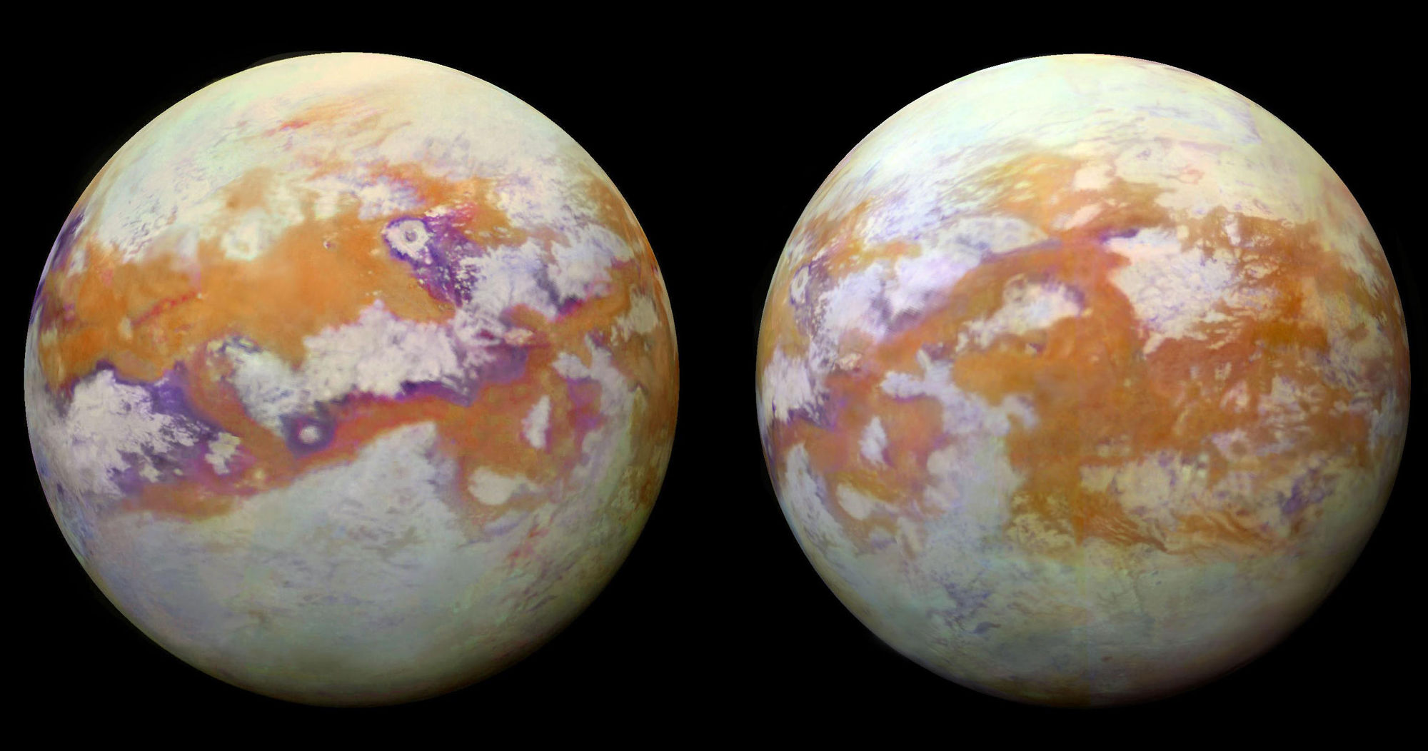 Spectacular maps of the surface of Saturn’s huge moon Titan crated using infrared images from Cassini that can see the surface through the thick atmospheric haze. Credit: NASA/JPL-Caltech/University of Nantes/University of Arizona
