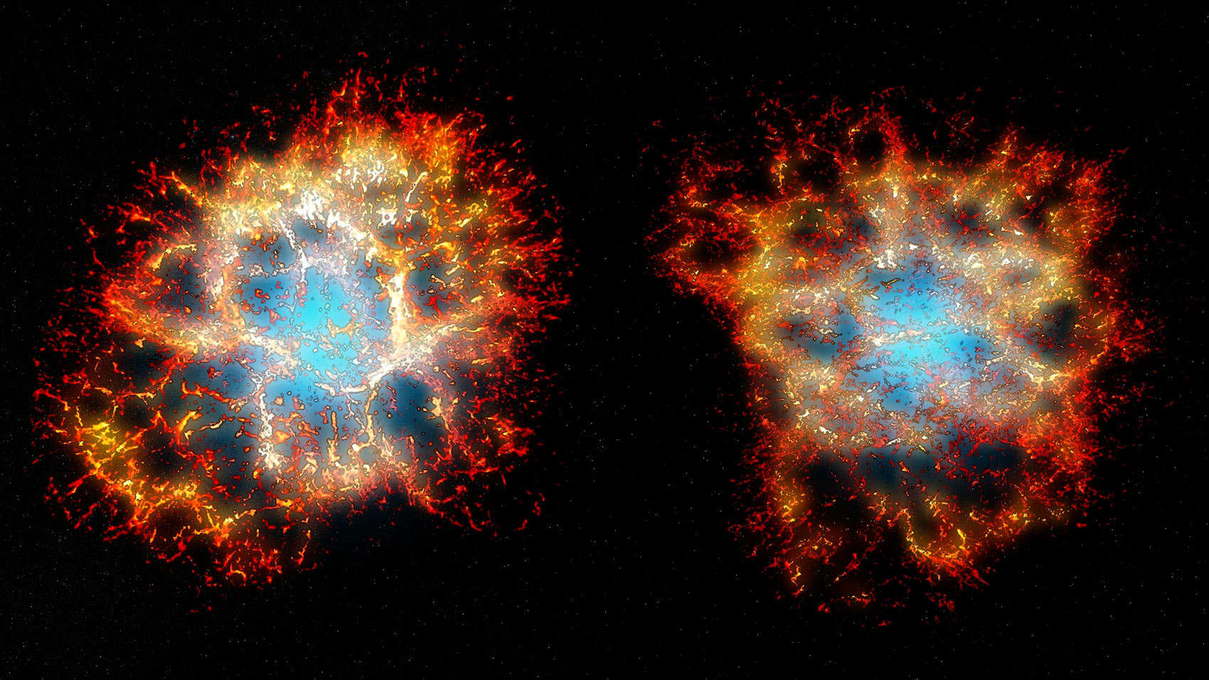 3D models of the Crab Nebula generated from spectra: The view as we see it from Earth (left) versus from a different angle, where the heart shape becomes more apparent. Credit: Thomas Martin, Danny Milisavljevic and Laurent Drissen