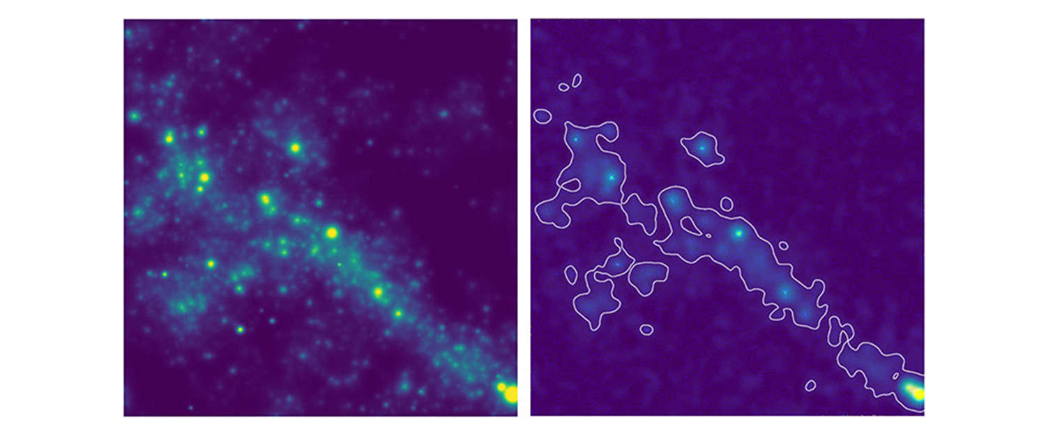 A simulation shows how thousands of dwarf galaxies would look if they could be seen individually (left), and how their combined light would appear to VLT/MUSE (right). Credit: Thibault Garel and Roland Bacon