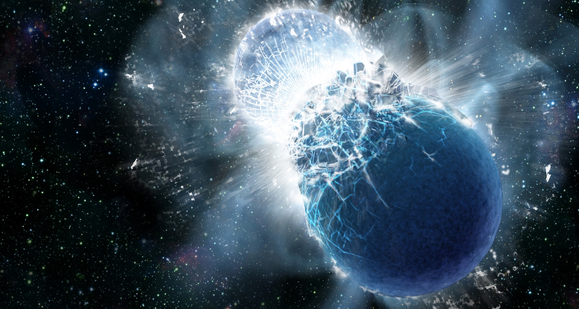 Artwork depicting the moment of collision between two neutron stars. The resulting explosion is… quite large. Credit: Dana Berry, SkyWorks Digital, Inc.