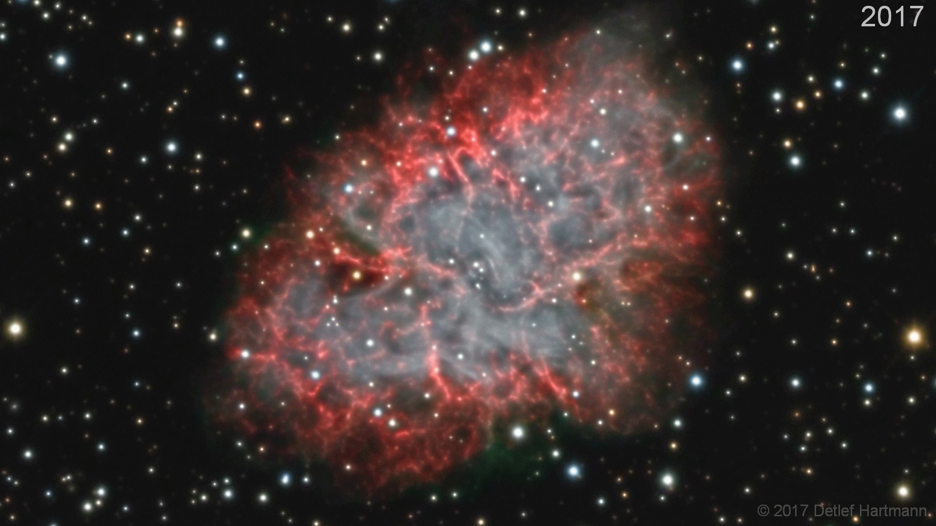 One frame from the ten-year animation of the Crab Nebula showing its expansion. Credit: Detlef Hartmann