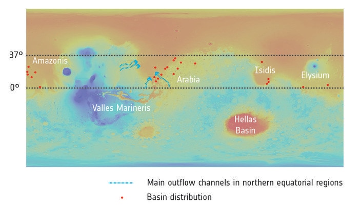 ESA image of ancient watery basins on Mars