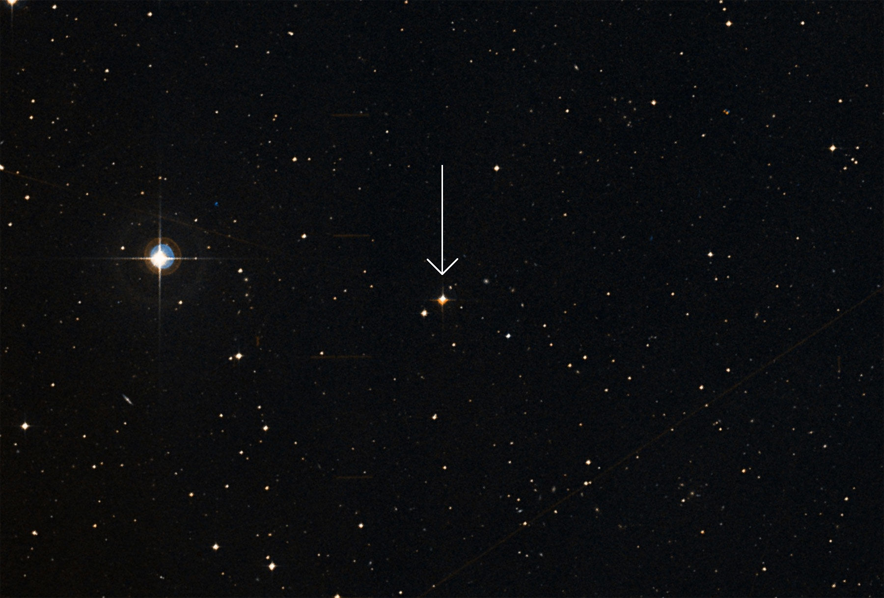 Ross 573 (arrowed), a red dwarf star, may be the home for the second known interstellar visitor to our solar system, the comet 2I/Borisov. Credit: SIMBAD/Aladin/DSS