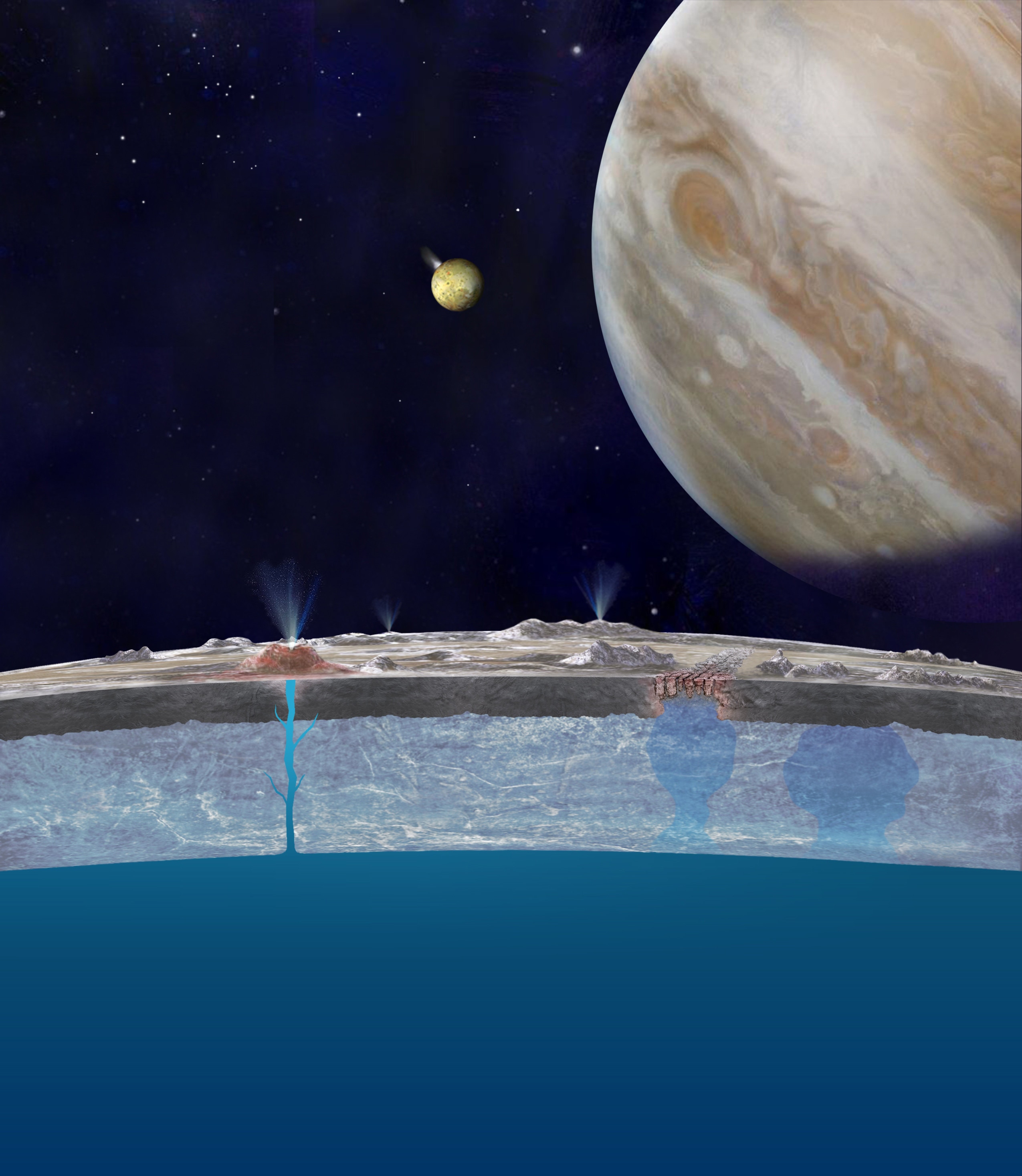 Europa has an undersurface ocean that may be feeding geysers on the surface. Credit: NASA/JPL-Caltech