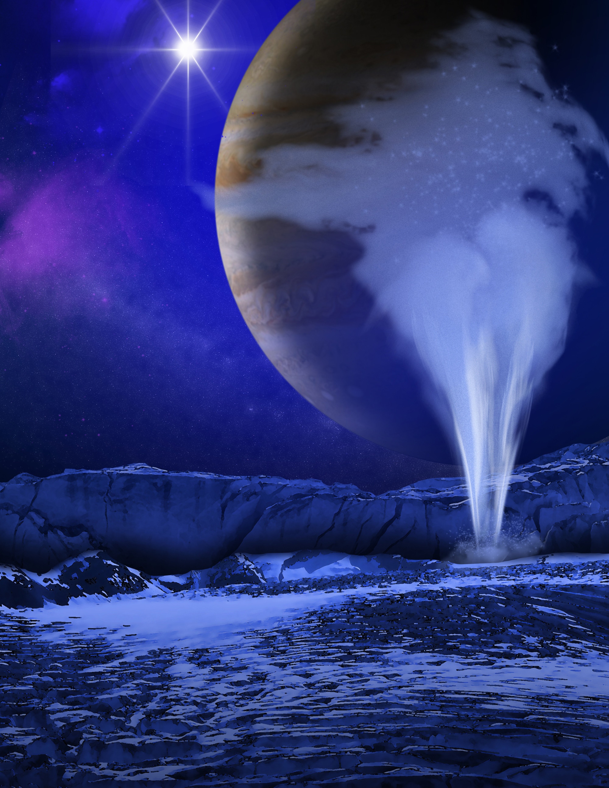 Artist’s concept of a plume of water erupting from under the surface of Jupiter’s moon Europa. Credit: NASA/ESA/K. Retherford/SWRI