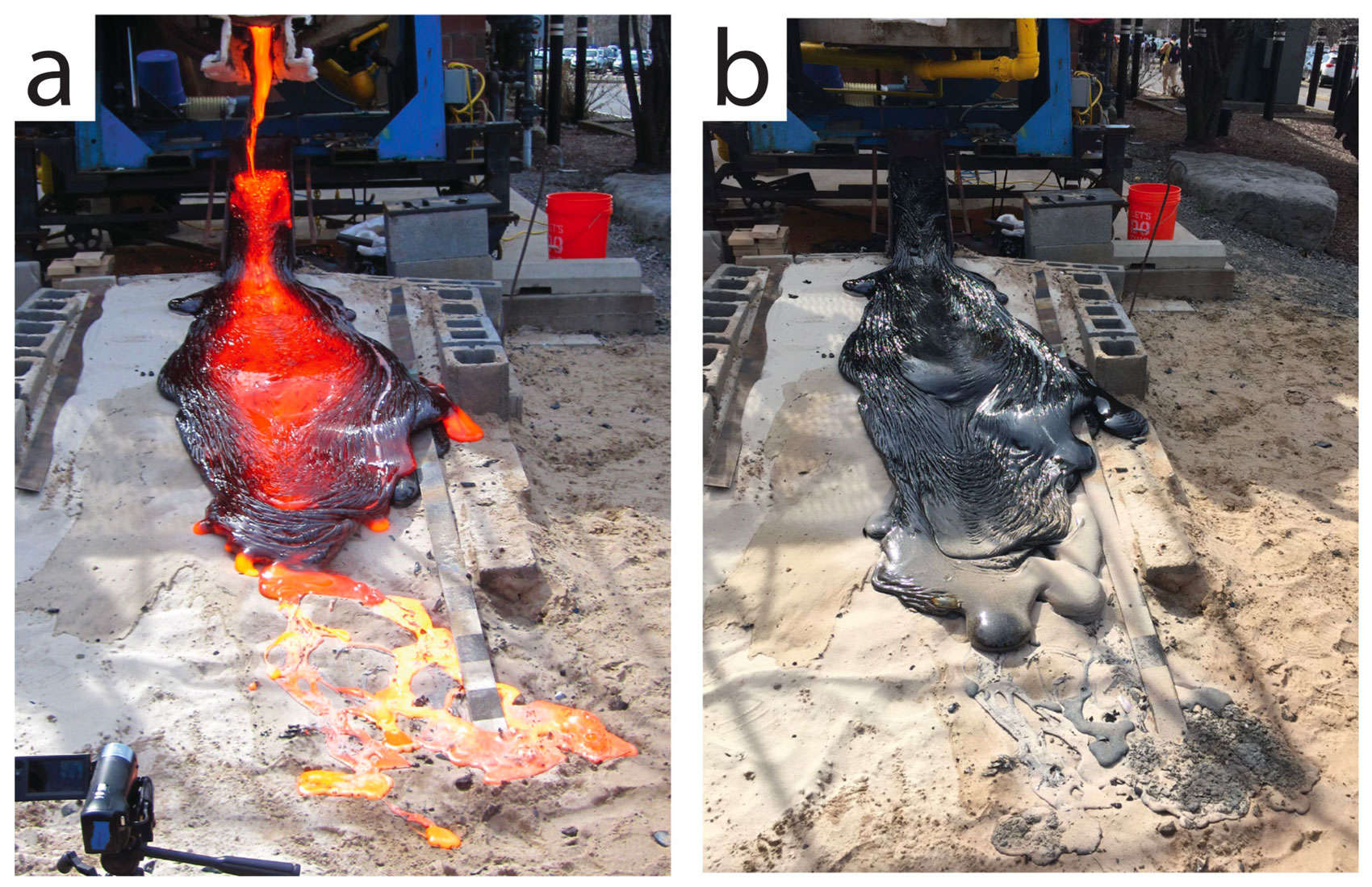 During a lava flow experiment (left), molten metal (at the bottom) breaks out from under a thicker, more rocky silicate flow, forming tendrils. After cooling (right) the silicate flow is glassy and black while the metal flow is grayer.