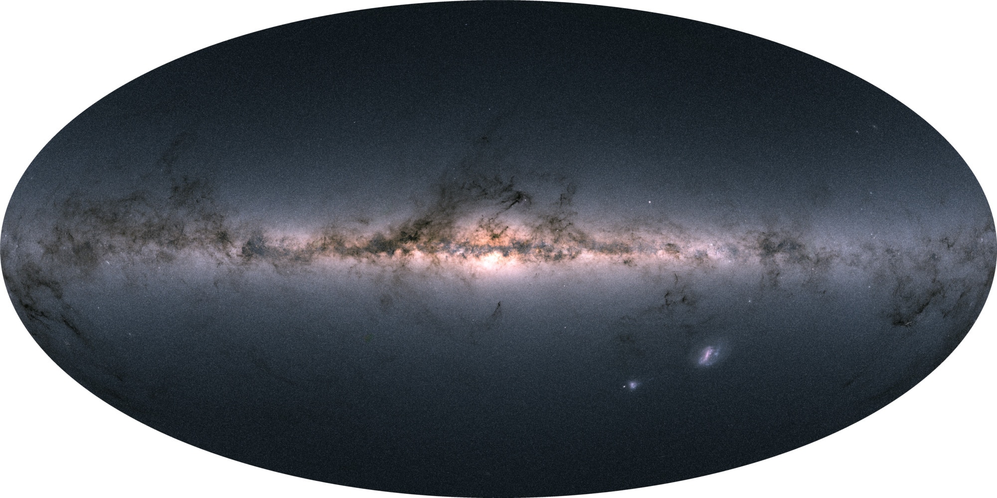The entire sky — 1.7 billion stars’ worth — mapped by Gaia and displayed using color information also obtained by the satellite. You can see we live in a flat galaxy with a large central bulge, festooned with dark filaments of dust. Credit: Gaia/DPAC/ESA