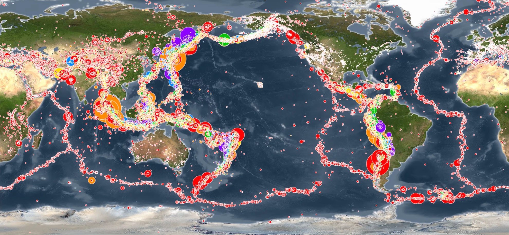 All the recorded earthquakes from Jan. 1, 2001 - Dec. 31, 2015 are shown on this global map. Credit: Pacific Tsunami Warning Center