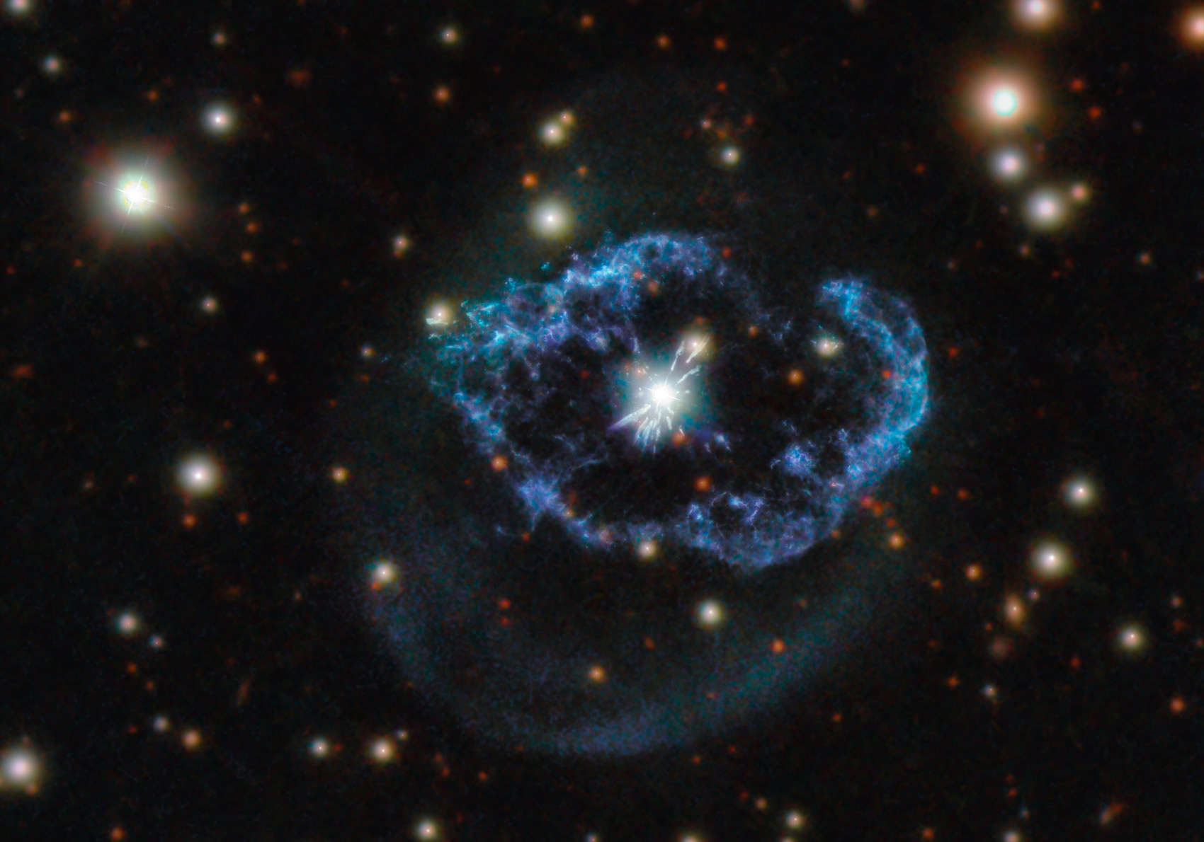 Hubble image of Abell 78, a dying star that cast of its outer layers to form a planetary nebula. It underwent a late pulse of energy, sending blobs of gas outward at high speeds. Credit: ESA/Hubble & NASA, M. Guerrero. Acknowledgement: Judy Schmidt