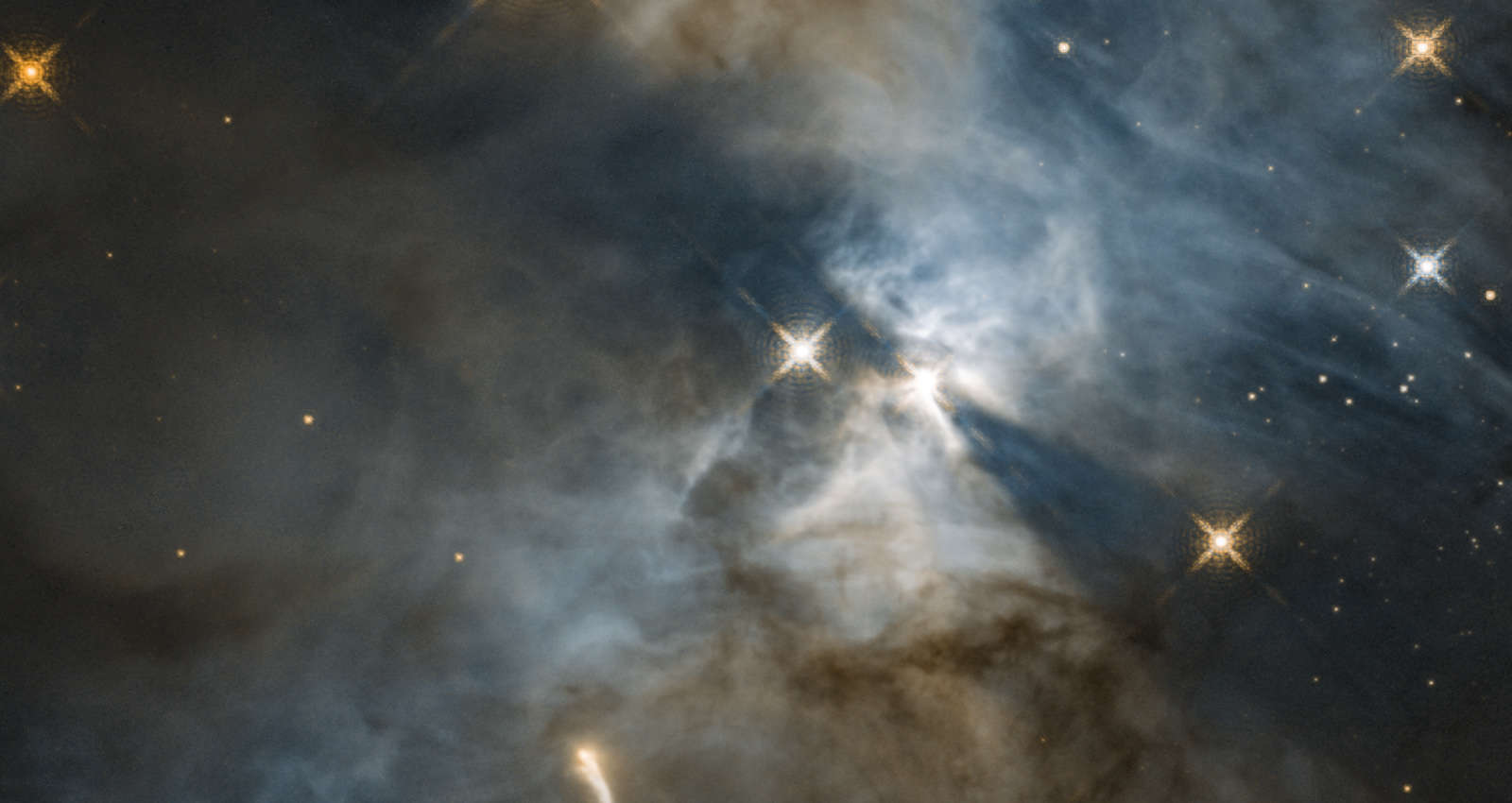 The star EC 82 (right of center) casts two long shadows onto the nebulosity around it in this Hubble image of a young star-forming region. Credit: NASA, ESA, and STScI