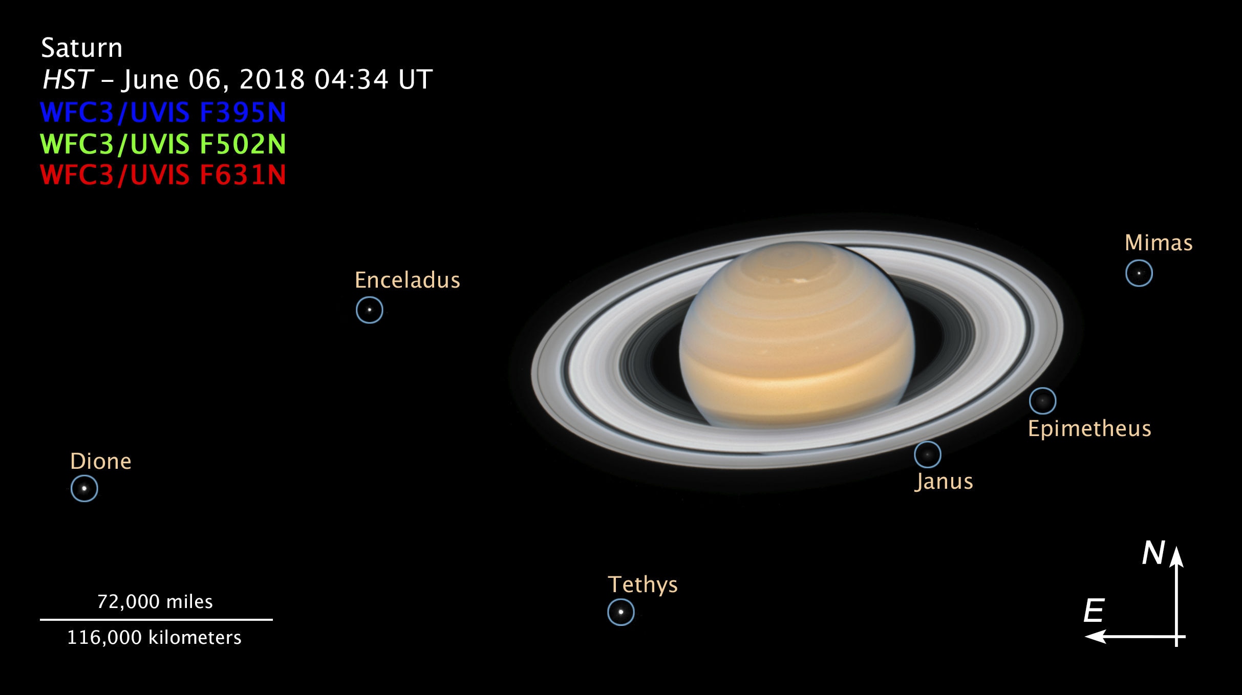 Saturn’s moons, labeled in this Hubble image. Credit: NASA, ESA, A. Simon (GSFC) and the OPAL Team, and J. DePasquale (STScI)
