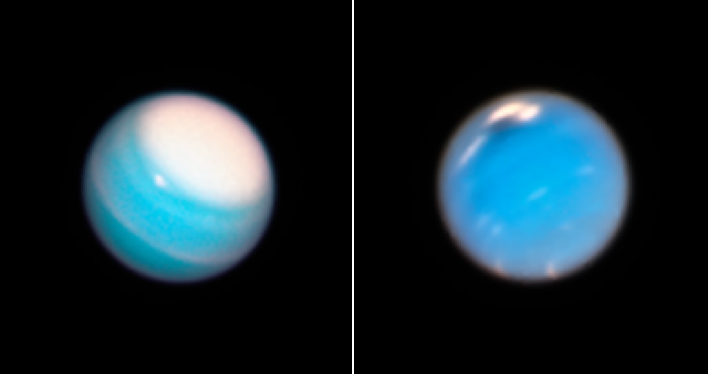 Uranus (left) and Neptune (right) seen by Hubble in late 2018. Both are monitored every year or so for atmospheric features.