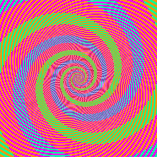An astonishing color optical illusion: The blue and green spirals are the same color, but appear to be different due to different contrasting color stripes across them. Credit: Akiyoshi Kitaoka