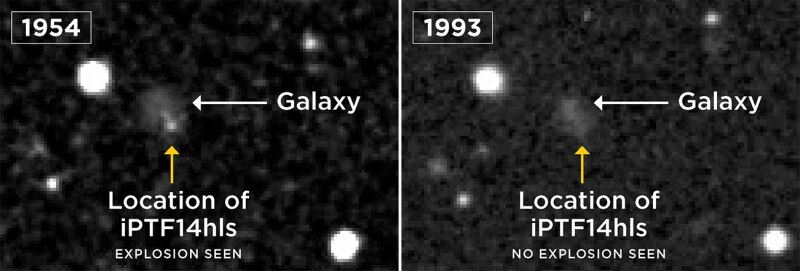 The star that created iPTF14hls had a tremendously energetic event in 1954 that faded. In 1993, before the supernova itself, the star was too faint to see. Credit: POSS/DSS/LCO/S. Wilkinson