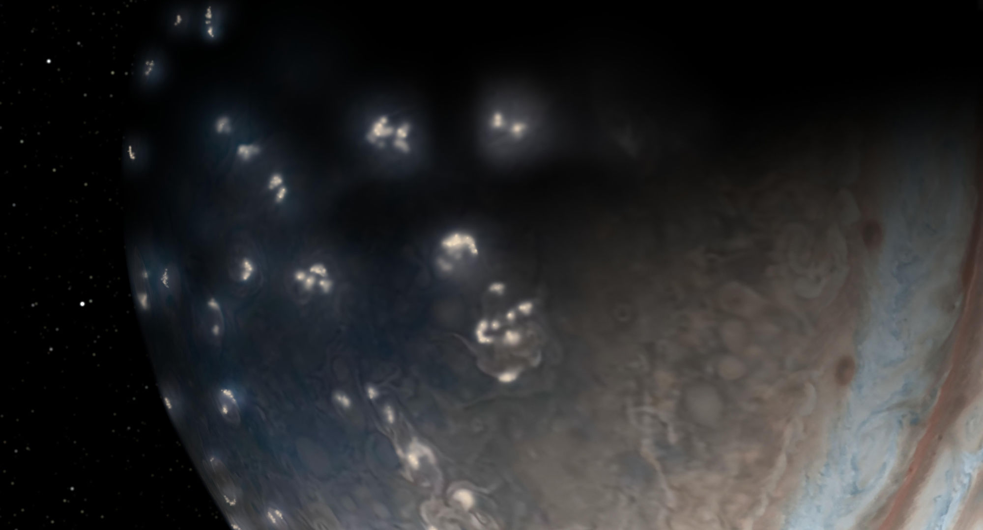 Artwork depicting vast numbers of lightning bolts near Jupiter’s pole. Credit: NASA/JPL-Caltech/SwRI/JunoCam