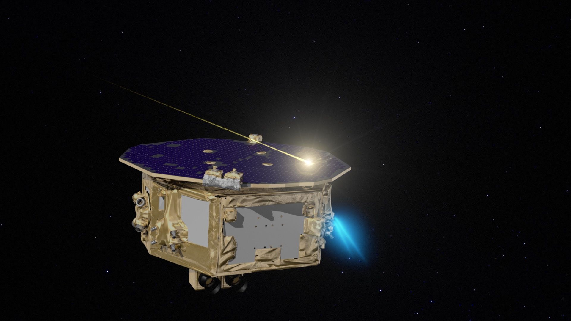 A somewhat fanciful depiction (there would be no trail in the vacuum of space) of a micrometeorite hitting the LISA Pathfinder spacecraft. Credit: NASA