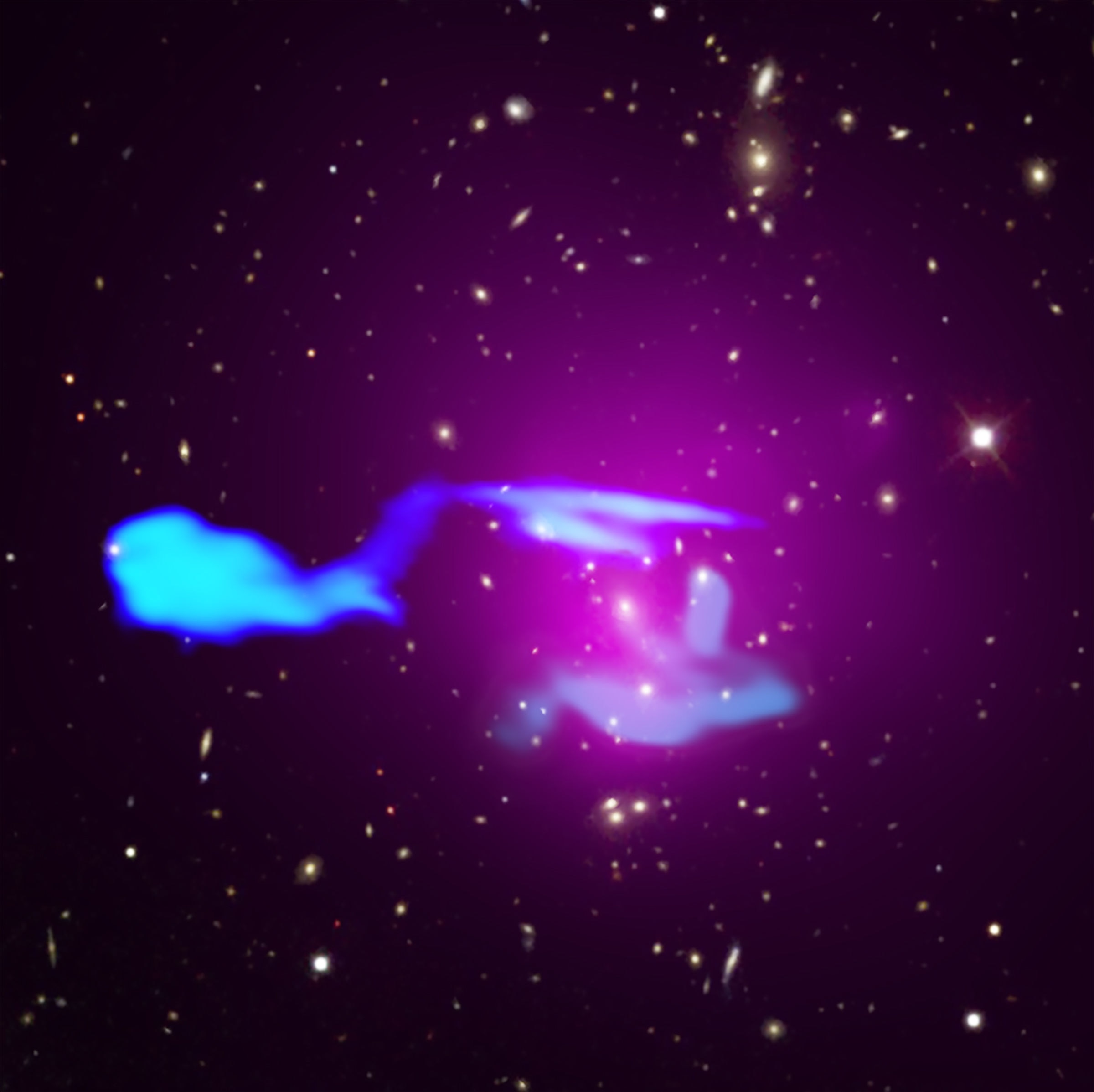 The colliding galaxy clusters Abell 1033. Optical light (red/green/blue) shows galaxies, X-rays (purple) super-hot gas, and radio (blue) much lower energy gas blown out from a galaxy. 