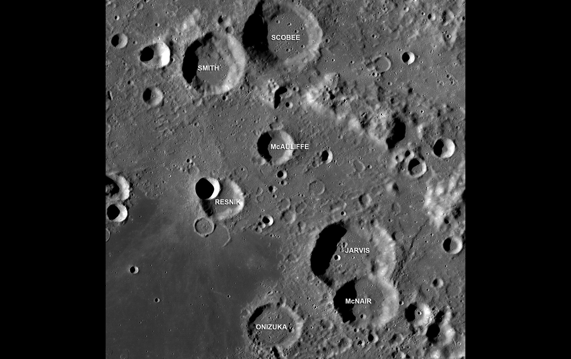 Craters on the Moon named after the Challenger astronauts. Credit: NASA/GSFC/Arizona State University