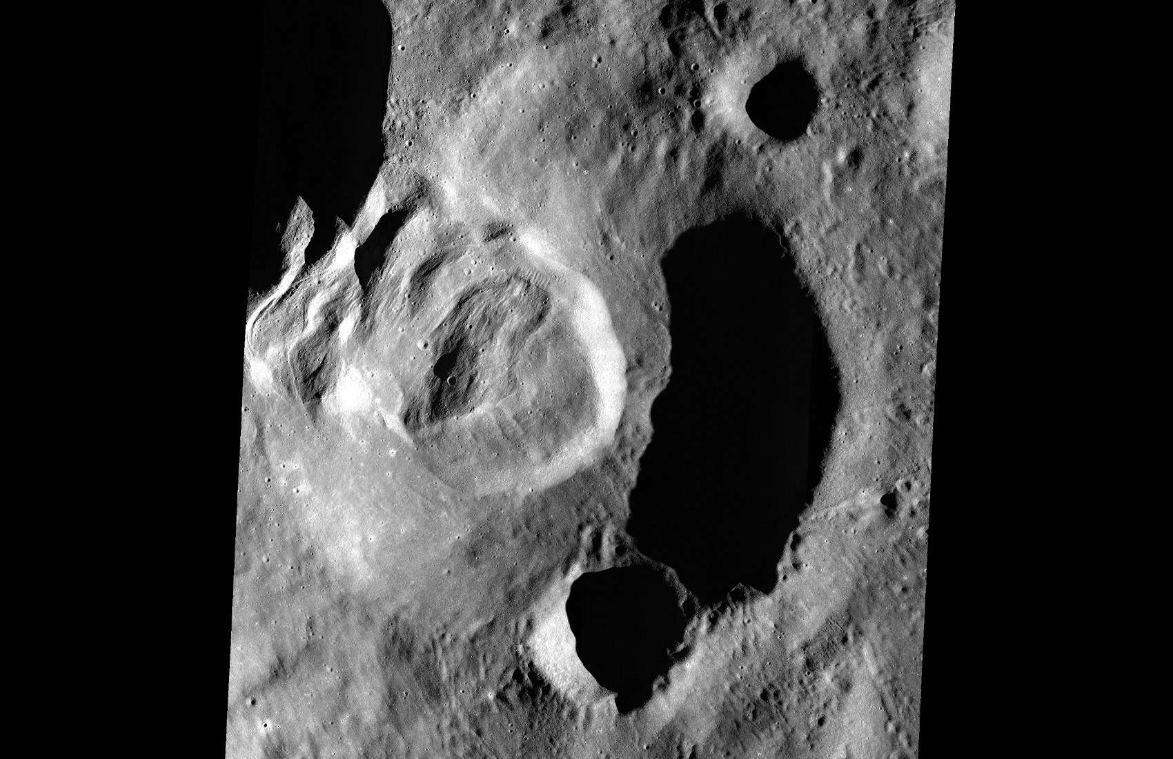 Long ago, an immense landslide occurred on the Moon’s far side in an unnamed crater inside the much larger Klute crater. Credit: NASA/GSFC/Arizona State University