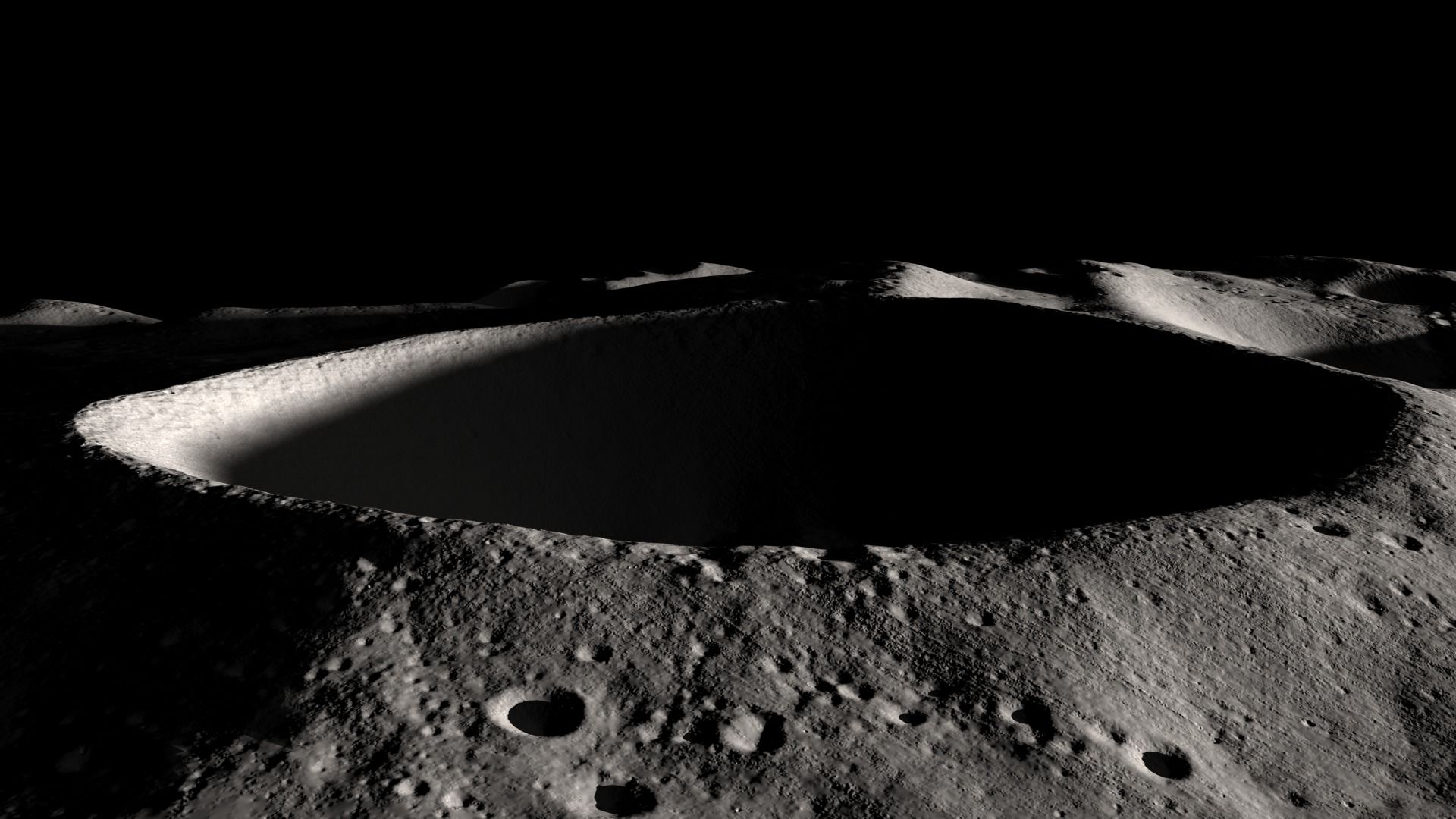 Shackleton crater, at the Moon's south pole, has a floor that never sees sunlight. This is an excellent place to look for water ice. Credit: NASA/Goddard Space Flight Center Scientific Visualization Studio