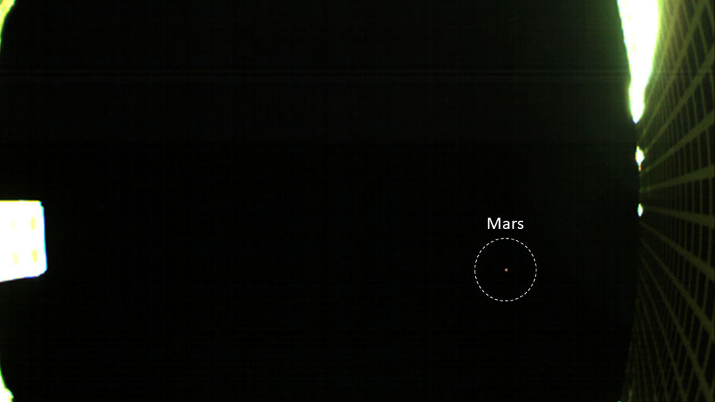 Mars (circled) as seen by MarCO-B, a very tiny spacecraft on its way to the Red Planet. Credit: NASA/JPL-Caltech