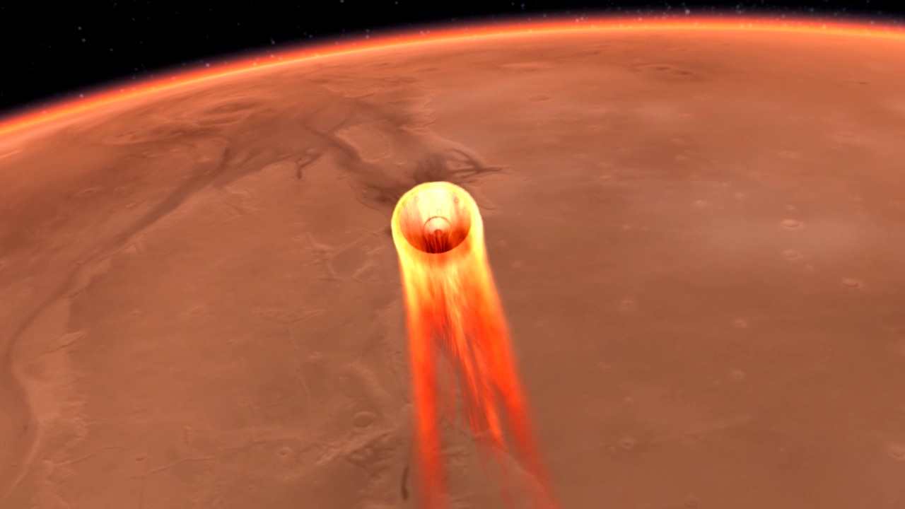 Minutes before reaching the surface, the Mars InSight lander must pass through the Martian atmosphere at high speed, ramming the air and heating up like a meteor. Credit: NASA/JPL-Caltech