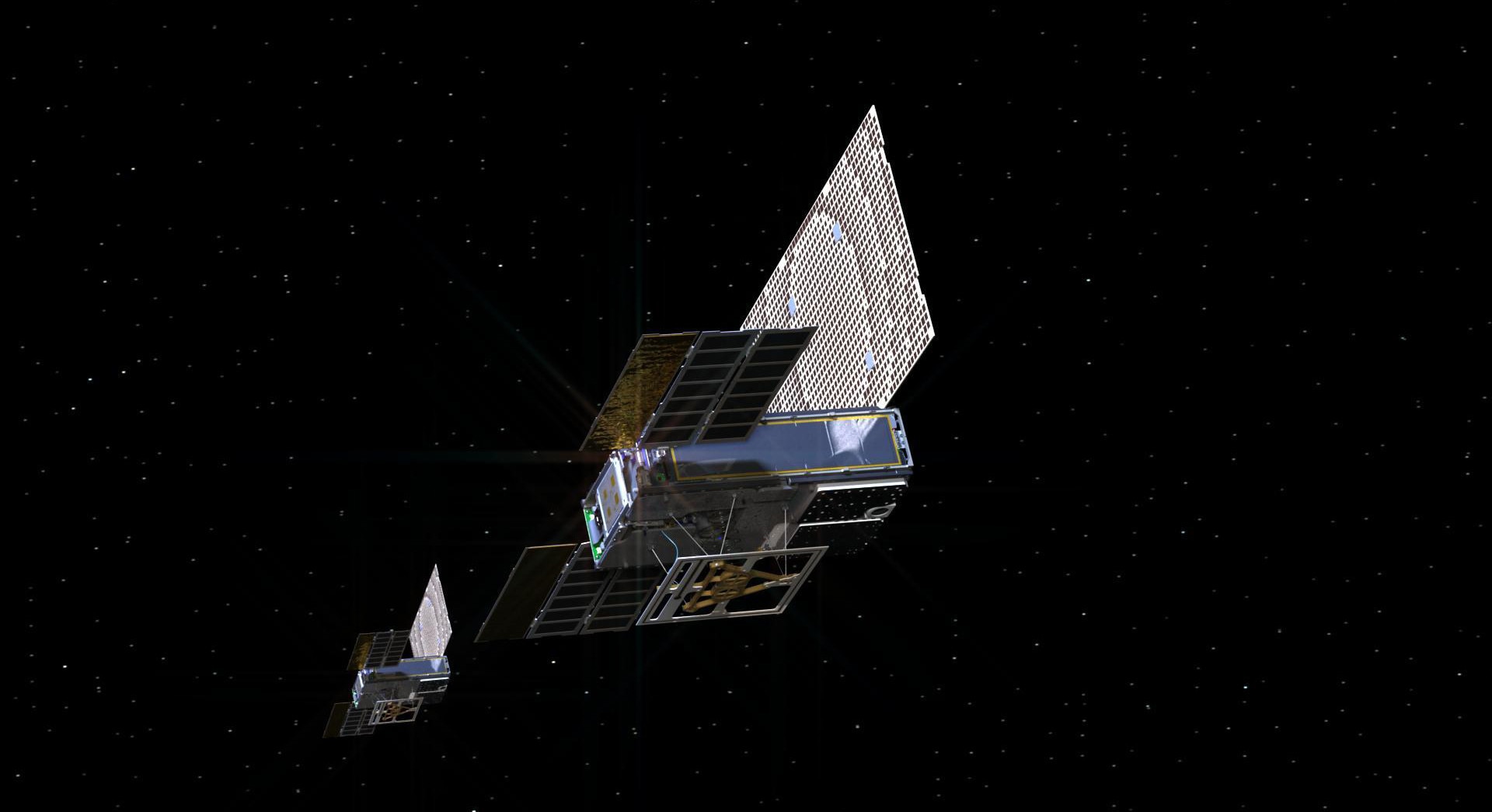Artwork depicting the pair of Mars Cube One satellites on their way to Mars. Credit: NASA