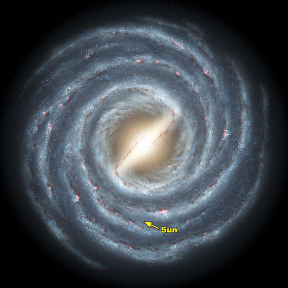 You are here. The Sun’s position in this Milky Way illustration is marked, and the black hole is in the center. For scale, the galaxy is 120,000 light years across. That’s a lot. Credit: NASA/JPL-Caltech