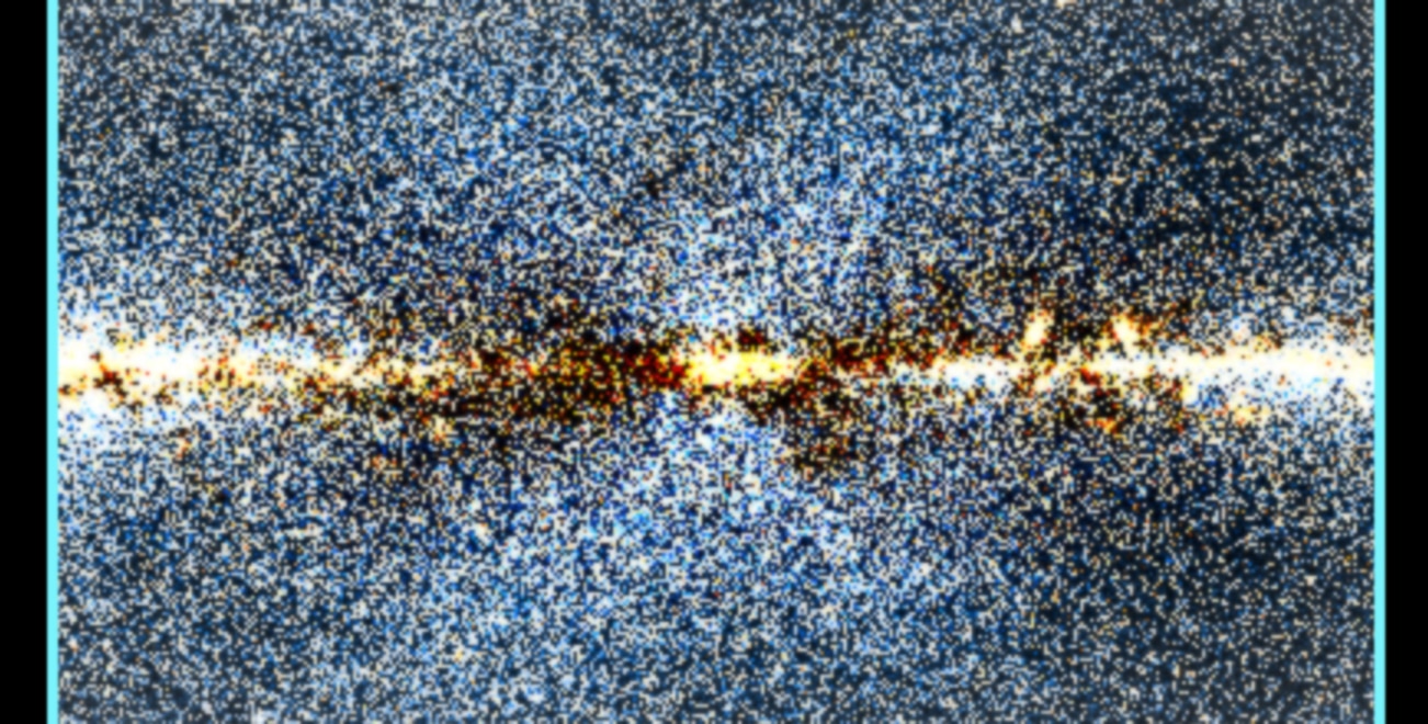 X marks the spot ... of a giant peanut-shaped structure in the center of the Milky Way galaxy. In this image the X is broad and blue. Credit: NASA/JPL-Caltech/D.Lang