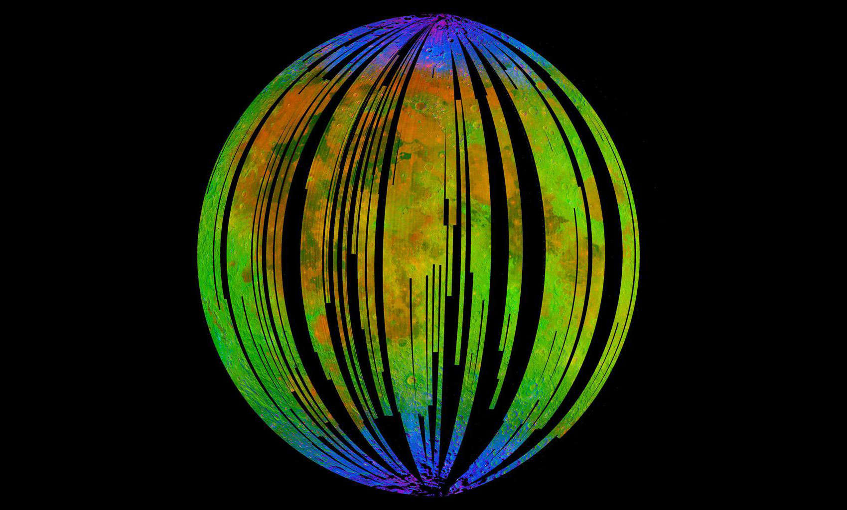 Chandrayaan-1’s Moon Mineralogy Mapper observes the Moon in strips, and the colors here represent different substances: For example water and hydroxyl ions (OH) are blue (note they are near the poles), and pyroxene, an iron-bearing mineral, is red.