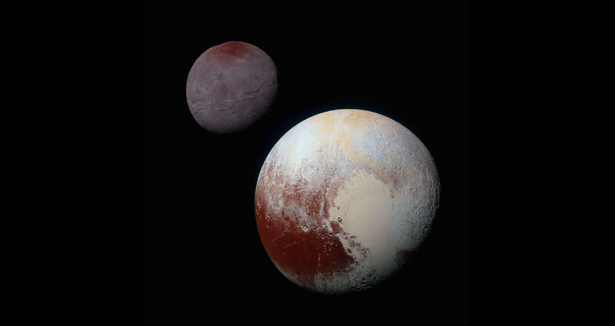 Actual images of Pluto and its large moon Charon, shown to scale and with correct contrast, from New Horizon observations. Credit: NASA/JHUAPL/SwRI