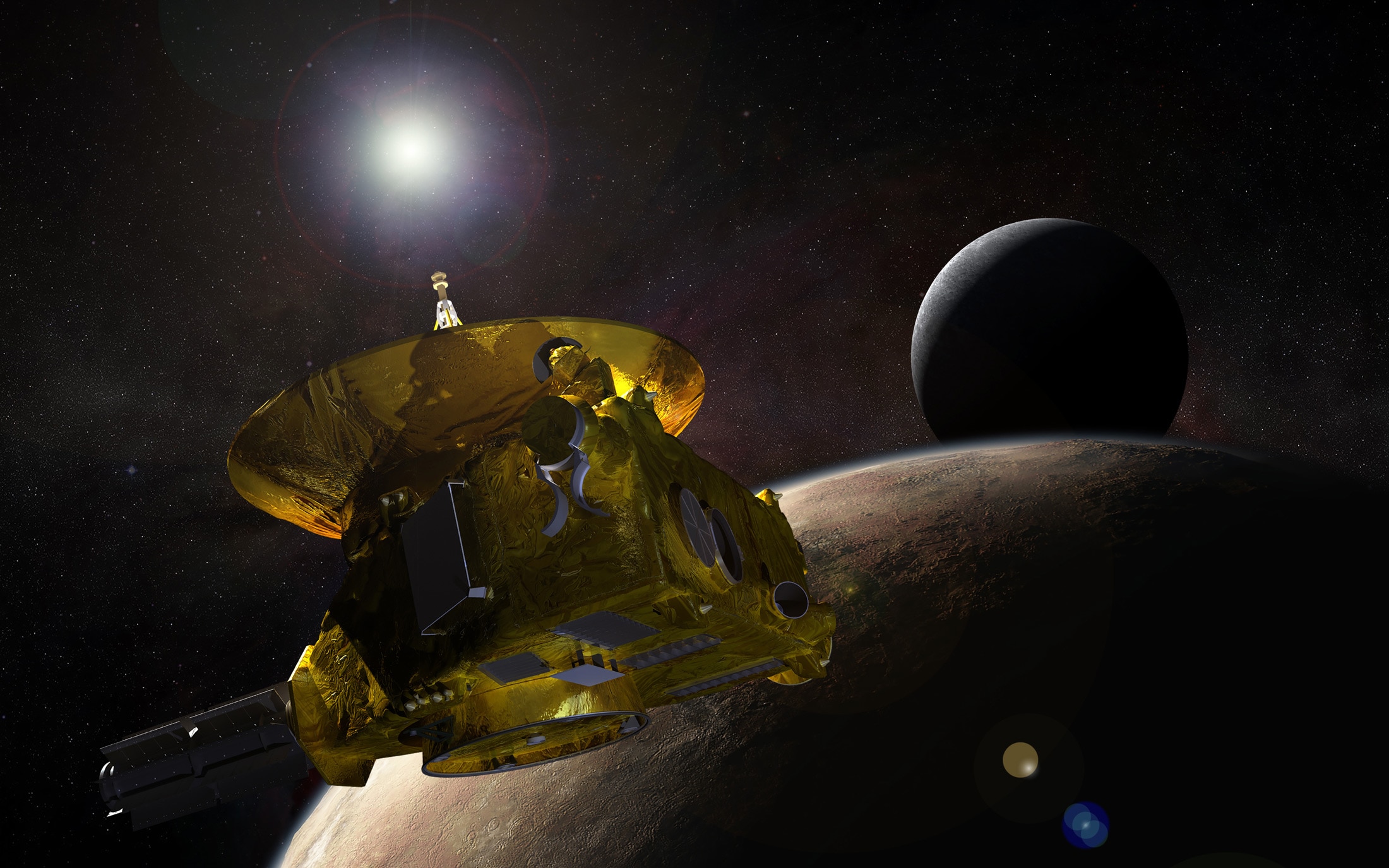 Artwork depicting the New Horizons spacecraft flyby of Pluto and Charon.