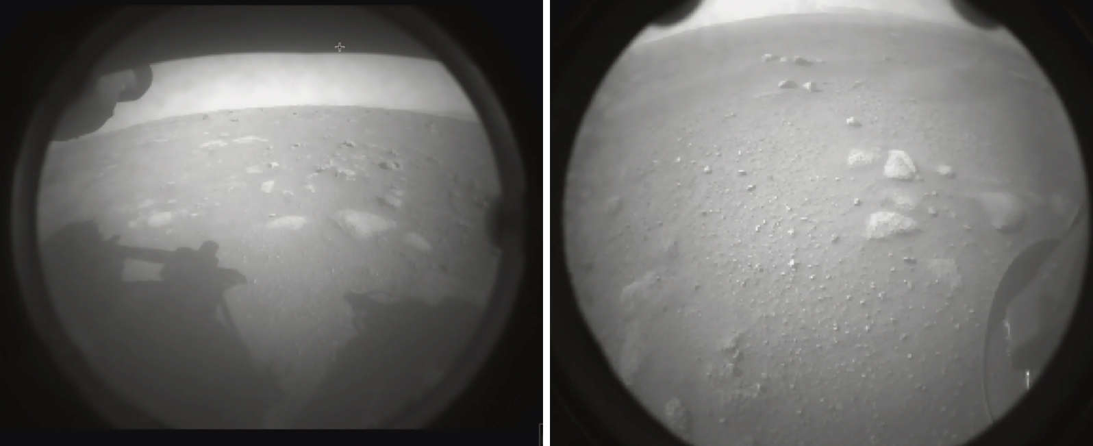 The first images from NASA's Perseverance rover moments after landing successfully on Mars. The very 1st image (left) shows the landscape around the rover and its shadow, and the 2nd (right) shows a little bit closer to the rover. Credit: NASA/JPL-Caltech
