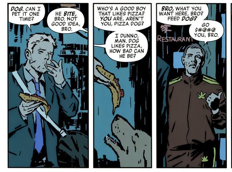 Lucky aka Pizza Dog shows up in Hawkeye #1 written by Matt Fraction with art by David Aja. [Credit: Marvel]