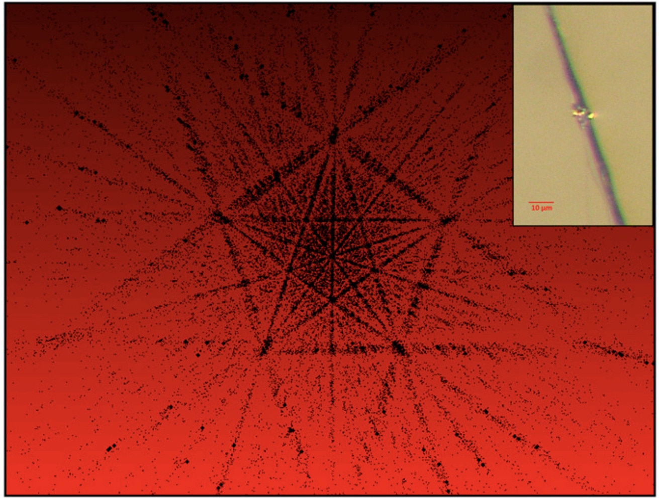 When examining the manufactured quasicrystal using a technique called X-Ray Diffraction, the fivefold symmetry becomes apparent. Inset: The fragment examined is attached to a thin length of carbon fiber. Credit: Asimow et al.