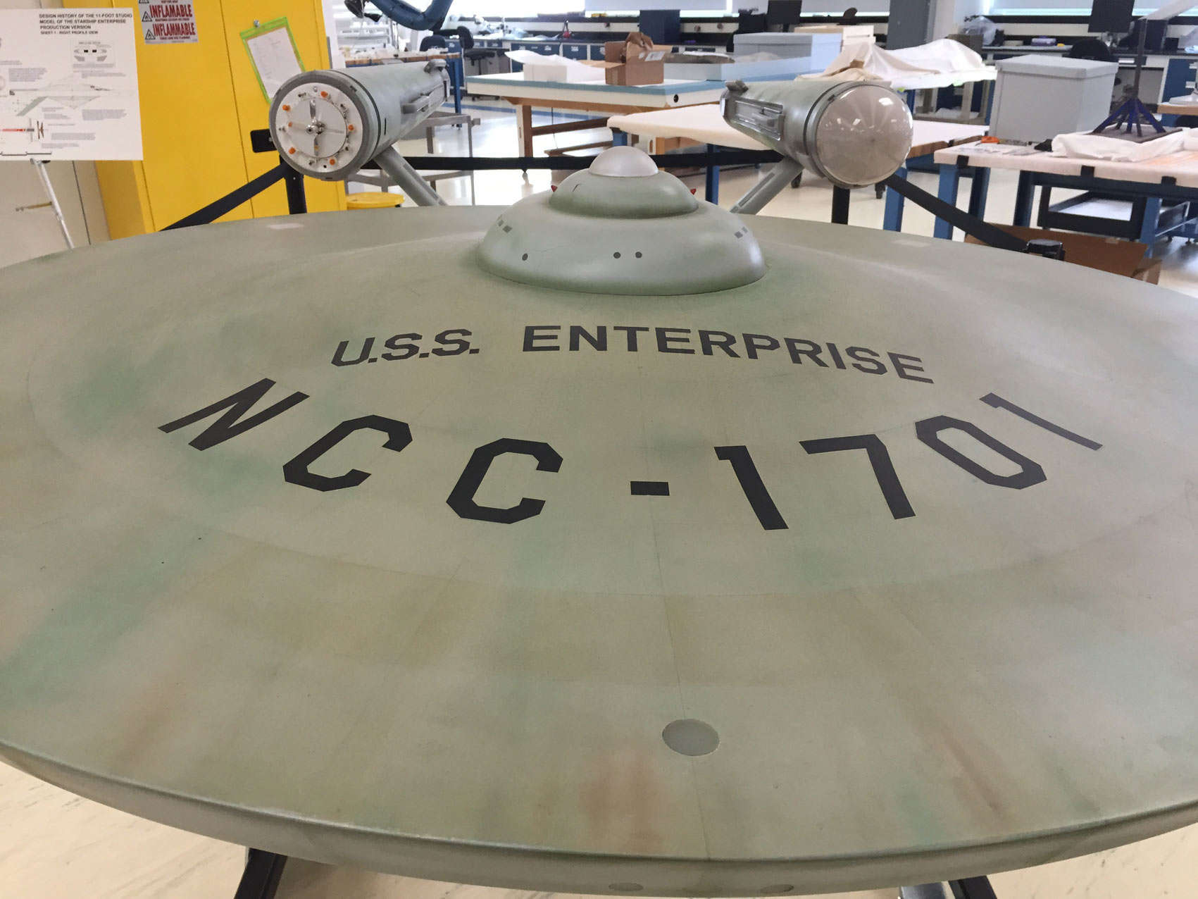 The saucer section of the original USS Enterprise model from the "Star Trek" original series, being conserved at the Smithsonian National Air and Space Museum's Udvar-Hazy Center. Credit: Phil Plait