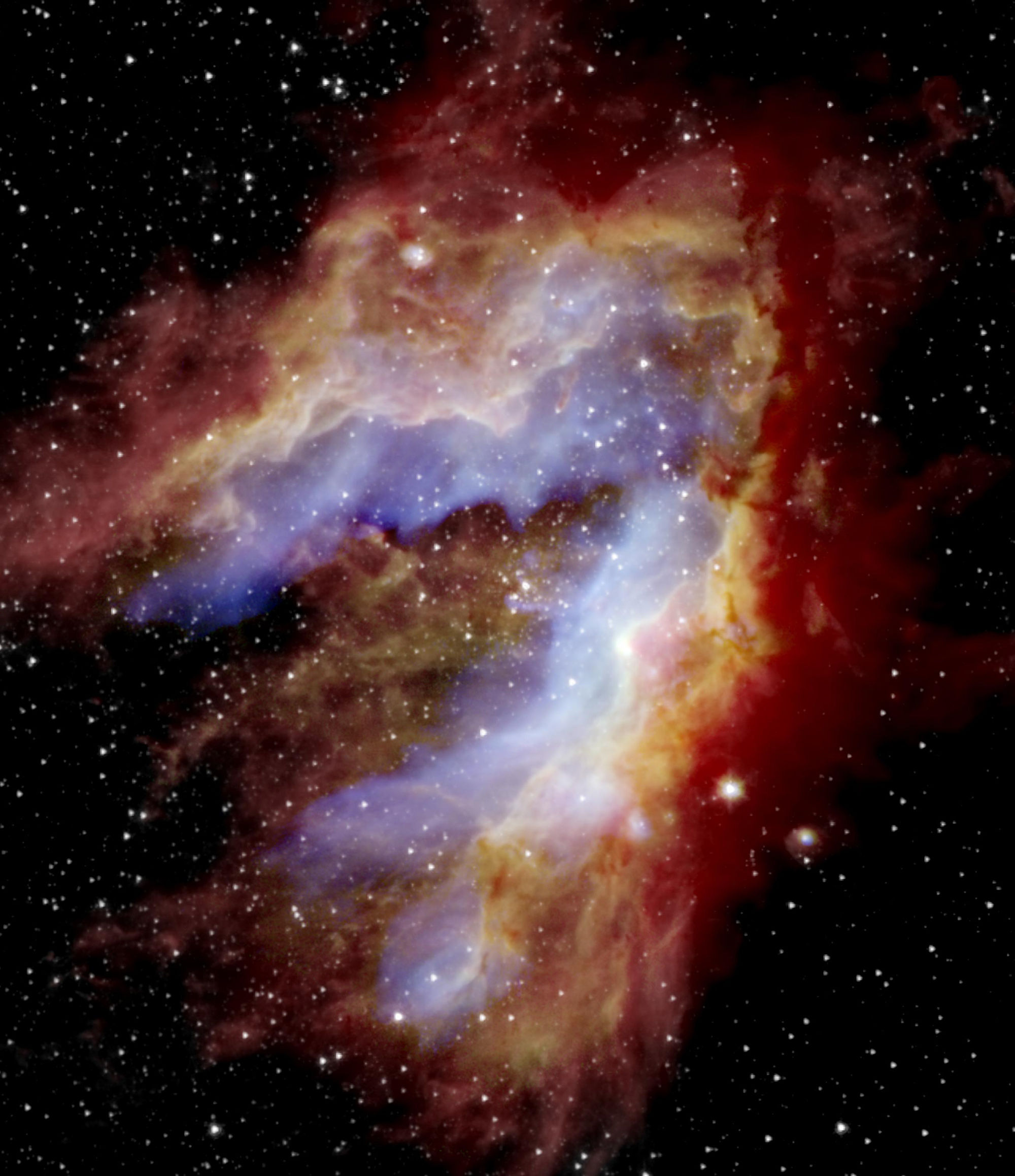 The Swan Nebula is a site of star formation. Herschel And Spitzer space observatories see the stars and outer gaseous regions, while SOFIA observations (blue and green) show gas and dust where stars are in the process of being born.