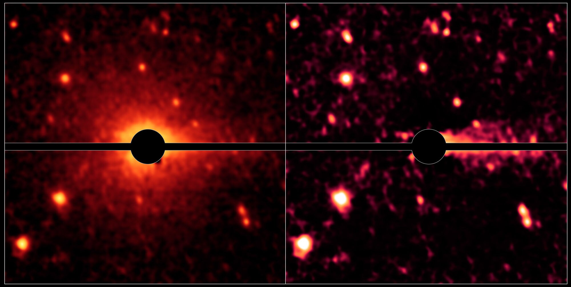 The not-quite-dead comet Don Quixote. Using a disk inside the telescope to block the brightest part of the object allows the fainter coma to shine through (left), and subtracting that reveals the even fainter cometary tail (right).