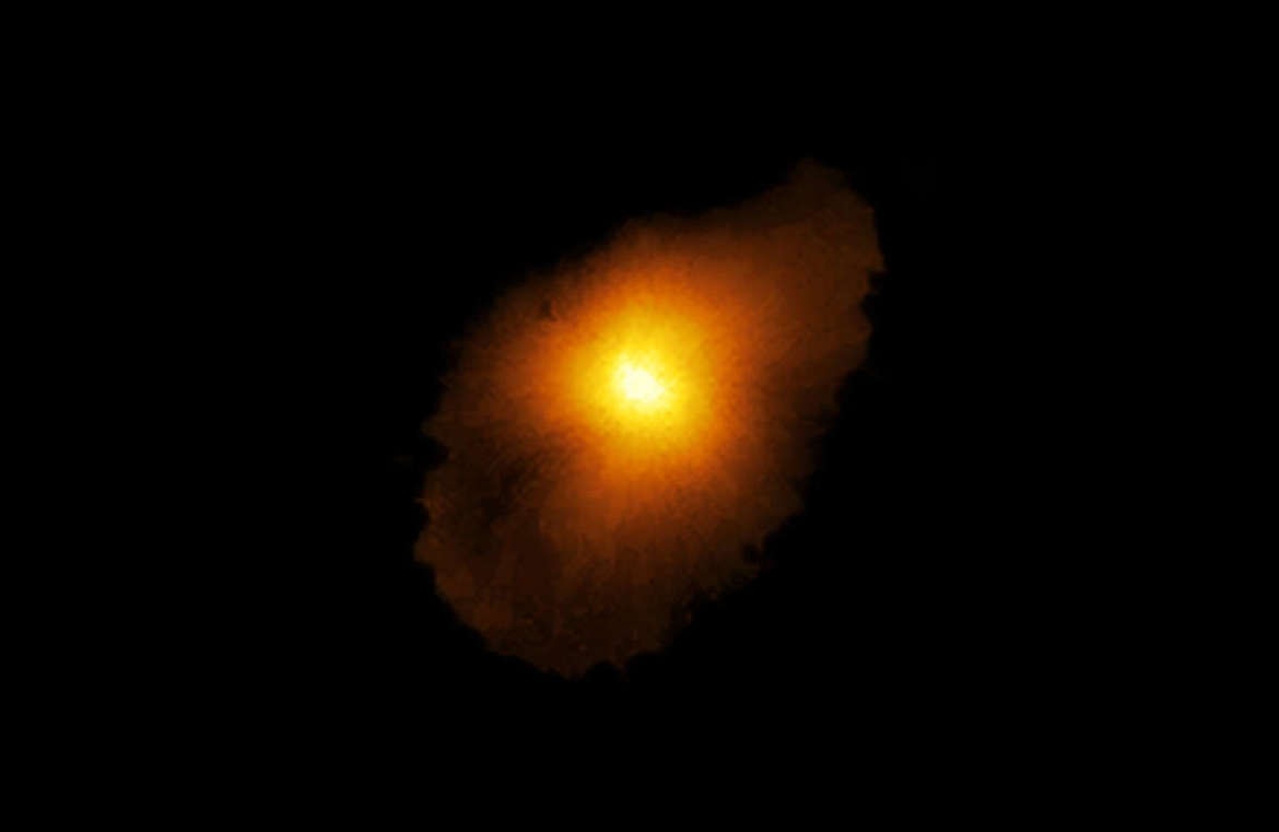 La forma della galassia SPT0418 costruita utilizzando modelli di come si comportano le lenti gravitazionali. Sembra essere una galassia a disco relativamente normale, nonostante la sua giovinezza e l'estrema velocità di formazione stellare. Credito: ALMA (ESO / NAOJ / NRAO), Rizzo et al.
