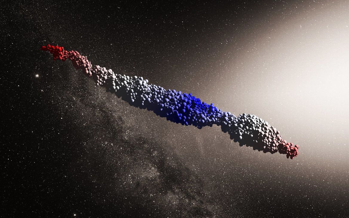 Artwork depicting why ‘Oumuamua is so elongated; as particles were boiled off a more spherical object, tidal forces guided them to the longer ends, stretching the shape out. Credit: NAOC/Y. Zhang; background: ESO/M. Kornmesser