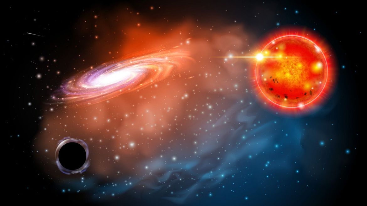Fanciful artwork depicting a low-mass stellar black hole (lower left) and a red giant star orbiting each other. Credit: Ohio State / Jason Shults